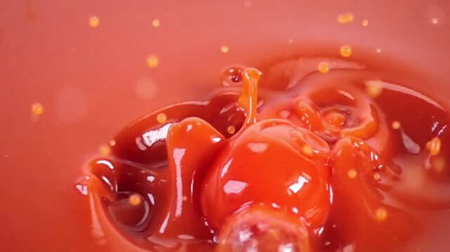 close up of natural cutted tomato falling in juice, advertising of vegetable juice splashing, super slow motion