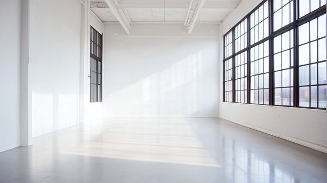 airy minimalist loft with high ceilings, industrial-style windows, minimalist furnishings, and a plain white accent wall ideal for editing