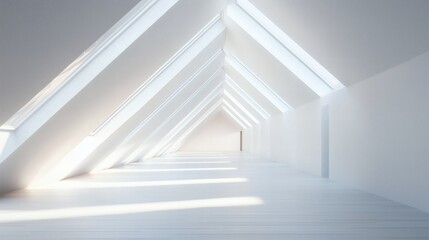 Obraz premium with sharp architectural lines, matte white surfaces, natural light from skylights, and a clean white wall suitable for added design elements