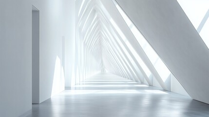 Obraz premium with sharp architectural lines, matte white surfaces, natural light from skylights, and a clean white wall suitable for added design elements