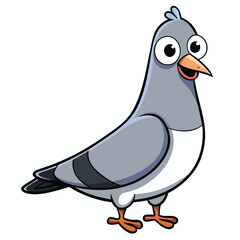 Animated cartoon pigeon standing alert with big, expressive eyes on a white background