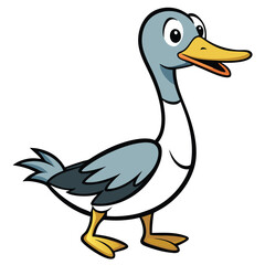 Cartoon duck with blue feathers and yellow beak stands happily in bright light