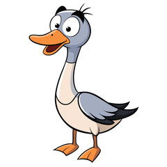 Cartoon goose stands alert with big eyes and open beak in a joyful stance