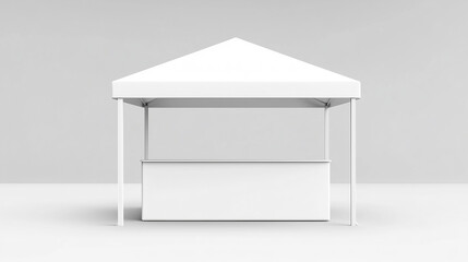 White outdoor market tent with counter on a light grey background.