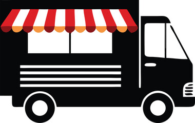 A black truck with red and white awning is viewed from its side on white