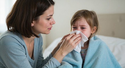 Mother helping child blow her nose with a tissue in a cozy bedroom  