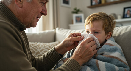 Elderly man caring for boy with tissue while sitting on sofa at home  