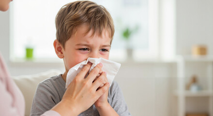 Young boy blowing his nose with help in bright living room  
