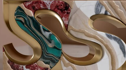 Abstract composition featuring flowing letter forms with marbled, textured surfaces and gold metal accents creating decorative object or art piece. - Powered by Adobe