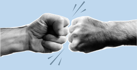 Man giving fist bump. Human hand dotted pop art style. Retro halftone fist collage element for mixed media design. Vector illustration