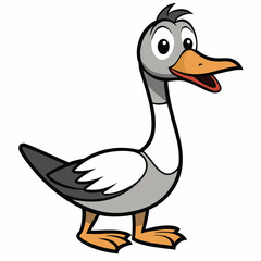 A cartoon goose with gray feathers stands looking cheerful on a white background