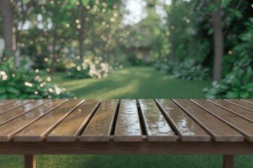 Wet wooden table with water droplets and garden bokeh, serene eye-level close-up