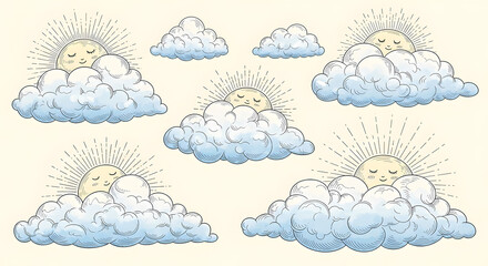 Fototapeta premium Set of whimsical hand drawn clouds (fluffy, wispy), simple sun faces, soft rays of light. Coquette vintage line art, dreamy vector doodles.