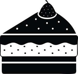 Stylized black piece of cake with topping and spots over white background remains transparent