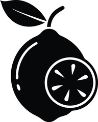 Black lemon with leaf and slice shows a fresh, tart symbol on transparent background
