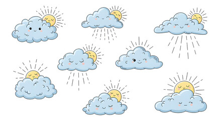 Fototapeta premium Set of whimsical hand drawn clouds (fluffy, wispy), simple sun faces, soft rays of light. Coquette vintage line art, dreamy vector doodles.
