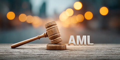 Wooden gavel on table with blurred lights background representing anti money laundering aml law and justice concept