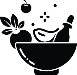 Mortar with pestle holds herbs and berry ingredients in the black silhouette on white