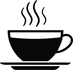Minimalist black cup emits curling steam atop a saucer against transparent backdrop