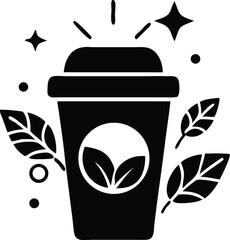 Black silhouette showcases a tea beverage in a takeaway cup, surrounded by leaves and stars against white