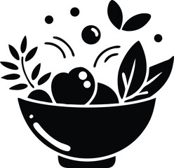 Black silhouette showcases a bowl filled with botanical elements like leaves and berries on white