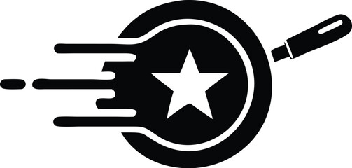 A black star appears inside a moving frying pan, creating a culinary symbol