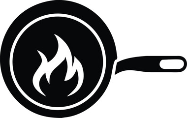 Black frying pan icon holds a white flame on a transparent background