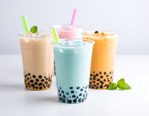 Four colorful bubble drinks on a white surface