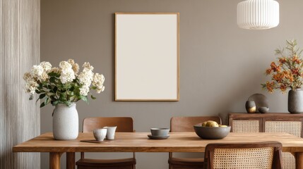 A warm and inviting dining area showcases a wooden table adorned with flowers and vases. The neutral walls and elegant decor create a serene atmosphere perfect for gatherings