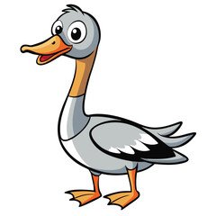 Cartoon goose stands with a happy expression, featuring grey and orange coloring, outlined in black