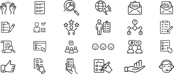 Liner icon vector set of survey and vote outline vector icons. Checkmark, clipboard, election sheet icon