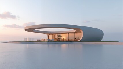 Modern Architectural Structure with Circular Design and Water Reflection
