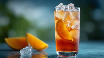 A tall glass filled with iced tea topped with an orange slice sits next to ice cubes, capturing the essence of a warm, sunny day. Perfect for cooling off in the heat