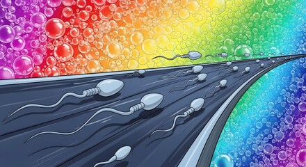 Sperm Swimming on Road Against Rainbow Bubble Background