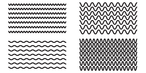 Wave line and wavy zigzag pattern lines. Vector black underlines, smooth end squiggly horizontal curvy squiggles. Set of wavy , curvy and zigzag , Criss cross horizontal lines.