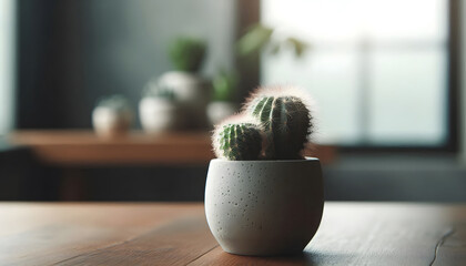 Small Cactus in Grey Pot on Wooden Table Near Window