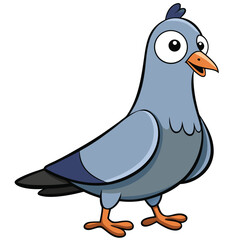 Cartoon blue pigeon gazes with big eyes while standing on its orange feet