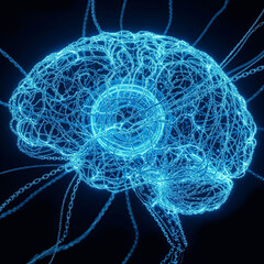 neural network, digital brain, deep learning, concept of artificial intelligence, abstract technologies, data visualization Brain made of blue glowing circuits or neural network machine learning