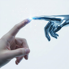 Gen AI A human hand touching a robot hand or a digital element A symbol of human and technology interaction: finger touch, digital spark, light. visual metaphorical