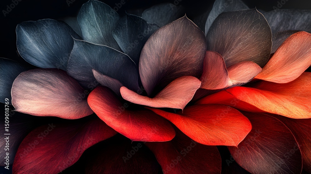 Poster dramatic close-up showing a gradient of petals flowing from deep reds and oranges to cool blues and 