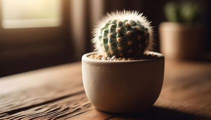 Fluffy Cactus in a Pot on Wooden Table, Sunlight