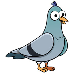 A light blue pigeon cartoon stands showing its big eyes and orange beak