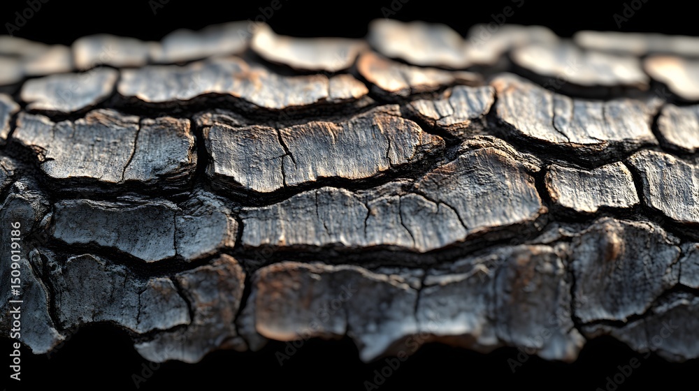Aufkleber An abstract macro shot shows the intricate details of burnt tree bark, with its textured surface and deep cracks creating a compelling visual pattern against a dark backdrop.