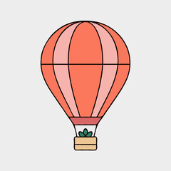 Obraz premium Cartoon hot air balloon illustration in red and pink colors, depicted flying with a plant in its basket on a transparent background, with spaces for text