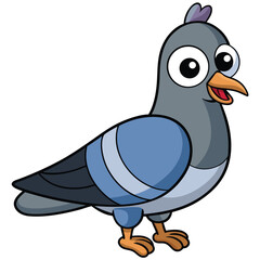 Animated pigeon shows playful expression with rounded features on a white background