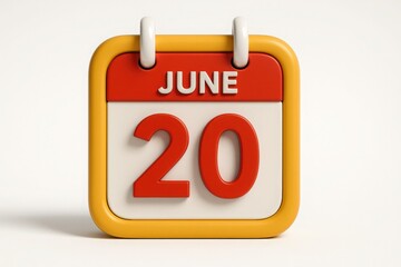 3D Rendered Calendar Icon Showing June 20th on White Background for Schedules and Reminders