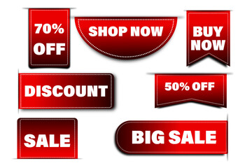 A set of red promotional stickers with the text 