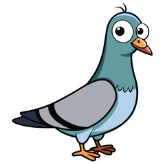 A cartoon pigeon with big eyes stands tall against a bright white background