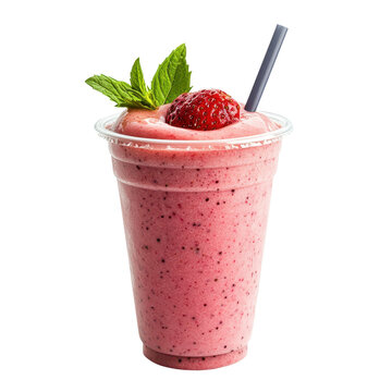 Pink smoothie in a clear plastic cup with a green, Fruit smoothy in plastic take away cup, isolated on transparent background