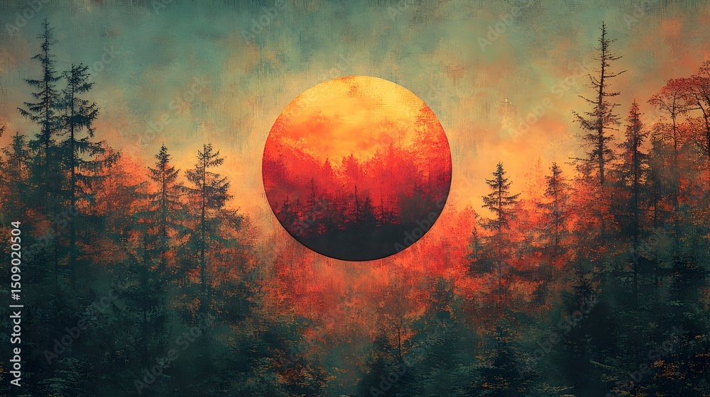 Leinwandbilder a surreal illustration of trees against a glowing orb evokes a sense of wonder. artistic renderings 